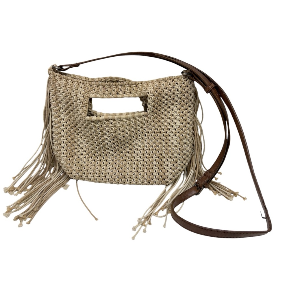 Fringe Crochet Boho Bag, Crossbody Woven Cotton Beige Purse